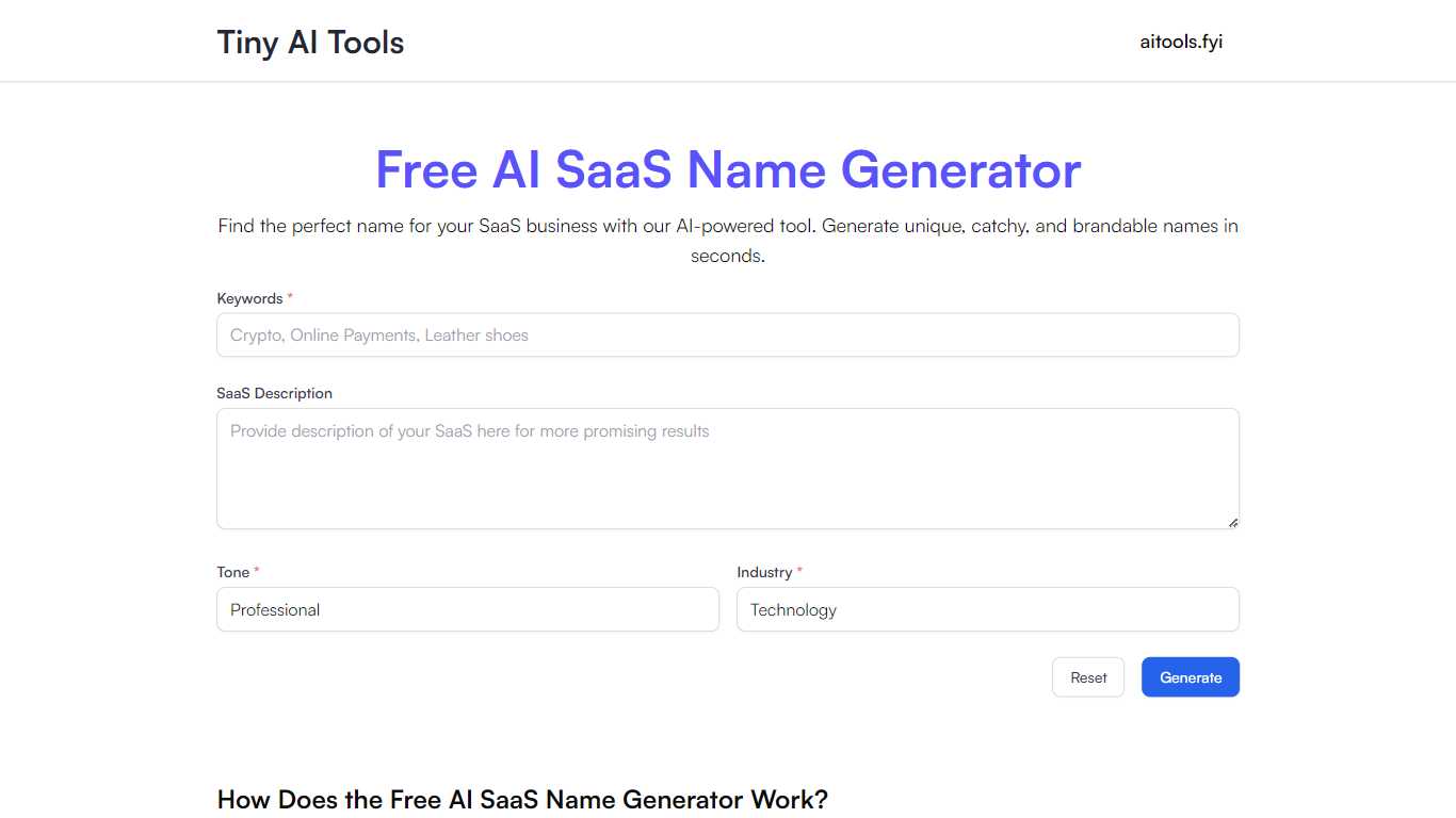 Free AI SaaS Name Generator - Tiny AI Tools