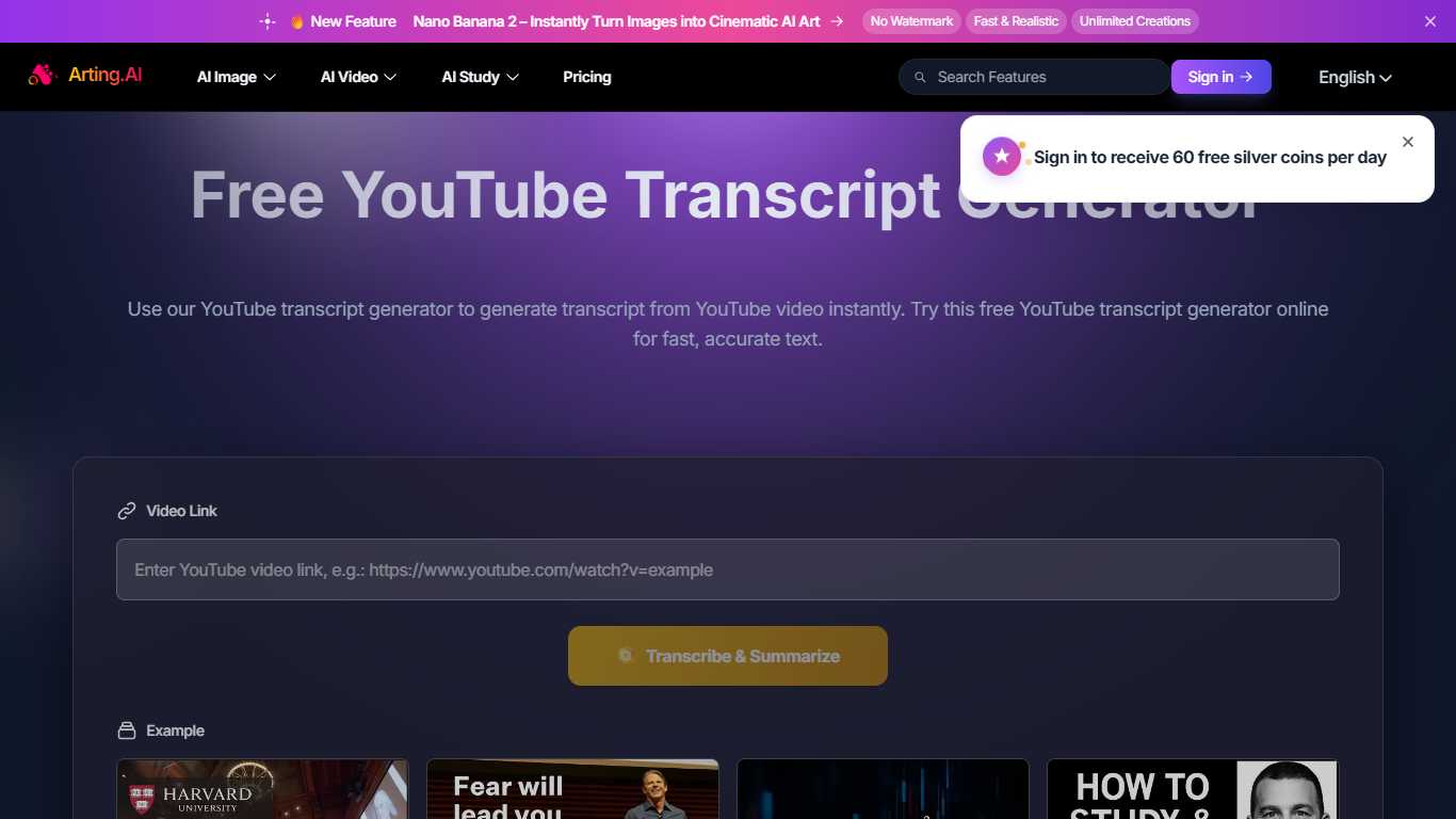 Arting AI - Free YouTube Transcript Generator