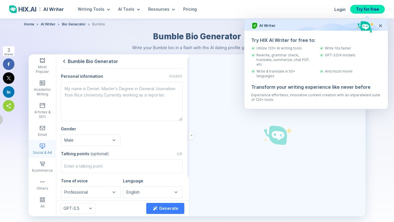 Bumble Bio Generator | HIX AI