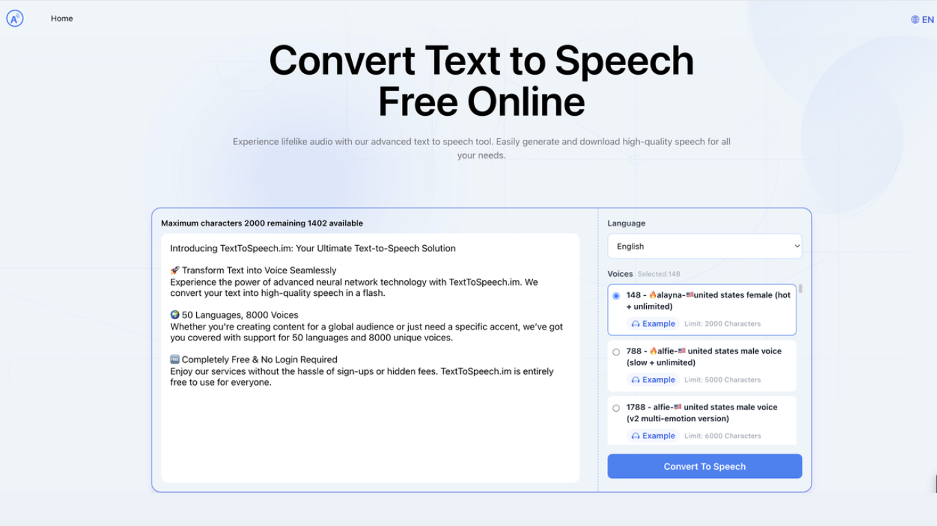 TexttoSpeech.im: Convert Text to Speech Free Online